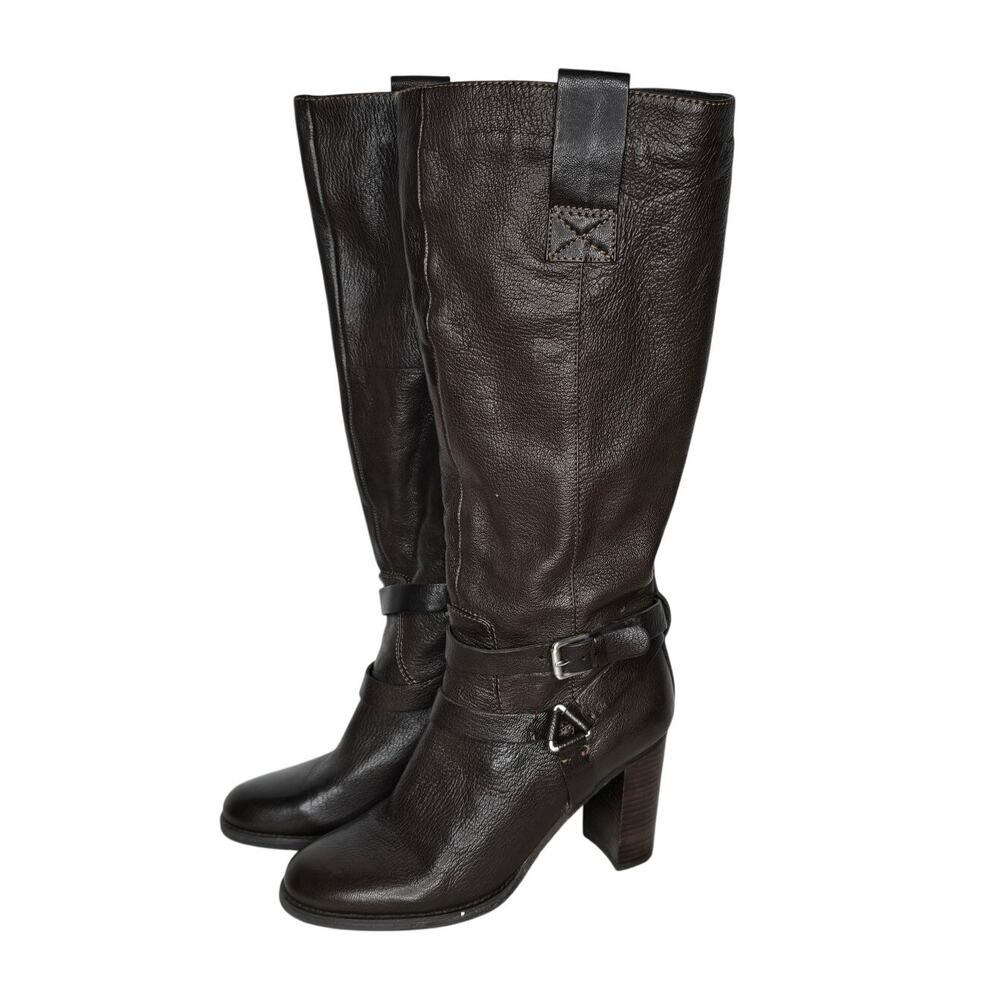 Bandolino Brown Leather Knee High Harness Boots Women 8M Block Heel
